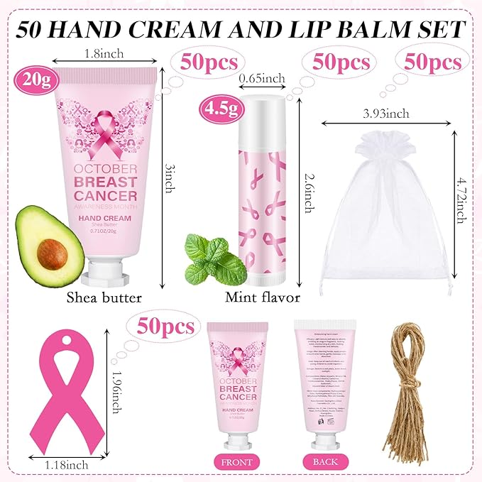 50 Set Breast Cancer Awareness Gifts Bulk Woman Pink Ribbon Lip Balm Hand Cream Include 50 Lip Balm 50 Hand Cream 50 Bag 50 Tag Breast Cancer Awareness Month Items Survivors Offices