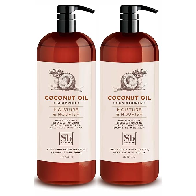 Soapbox Shampoo and Conditioner Set with Coconut Oil, Jojoba Oil, Aloe and Shea Butter to Moisturize and Nourish for All Hair Types, 1 Liter Each (Pack of 2)