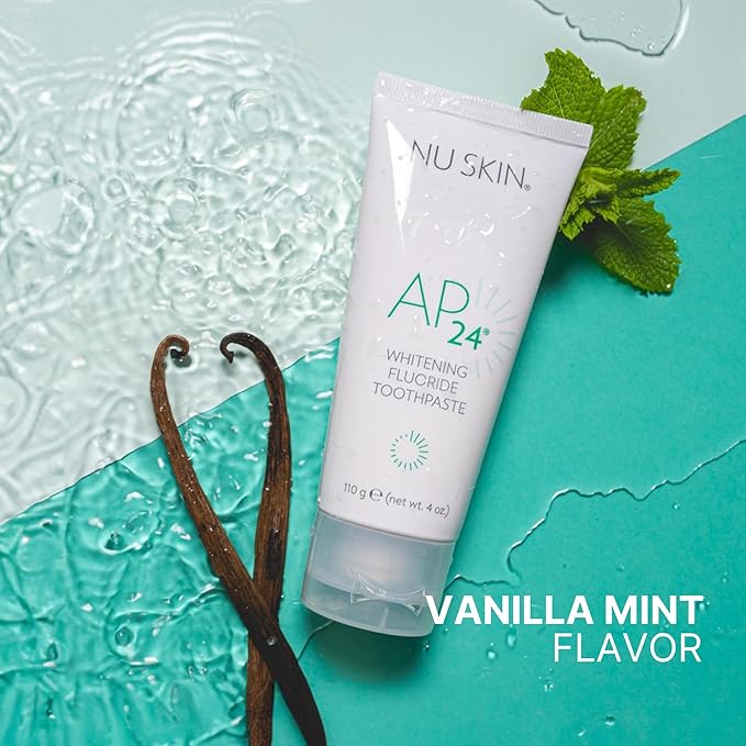 Nu Skin AP 24 Whitening Fluoride Toothpaste | AP 24 Blend | Vanilla Mint Flavor | Brightens Teeth | Removes Surface Stains | Prevents Dental Cavities & Plaque | Enamel-Safe | 4 oz | 1 Pack