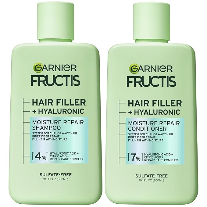 Garnier Fructis Hair Filler Moisture Repair Shampoo and Conditioner Set, Hair Care for Curly, Wavy Hair with Hyaluronic Acid, 10.1 Fl Oz, 2 Items, 1 Kit