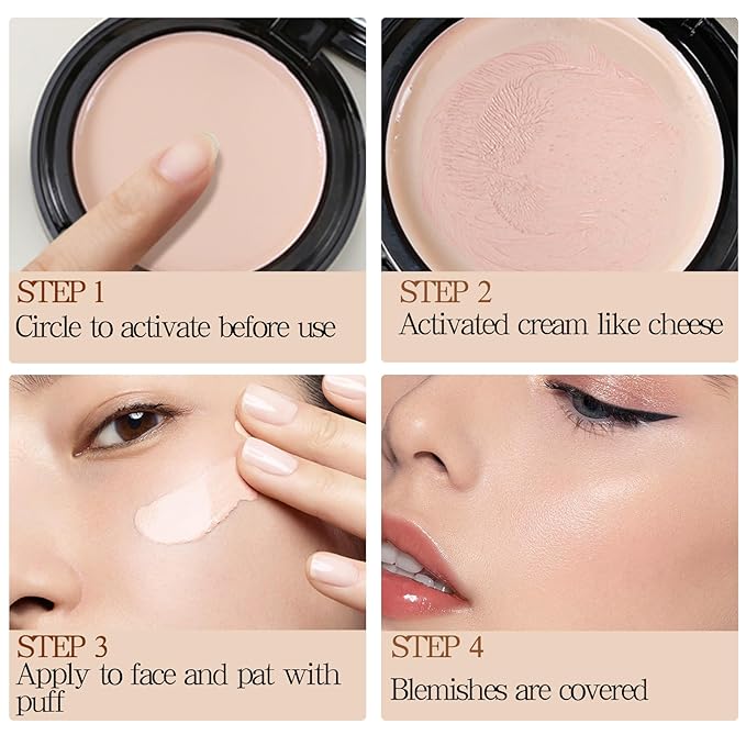 Powder Foundation,Long Wear Full Coverage Foundation with Sponge,Flawess Demi-Matte Finish,Brighten Correcting Color