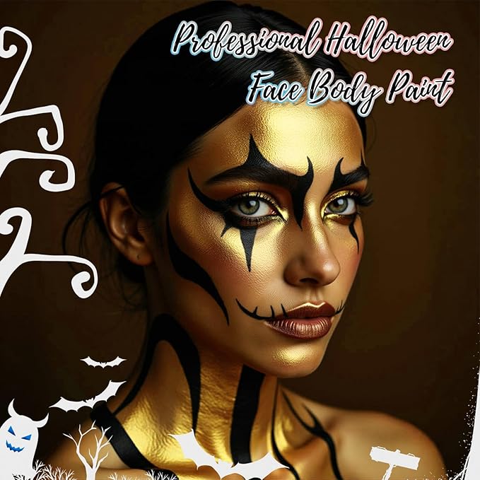 Gold Water Based Face Body Paint, 2.37 OZ Large Tube Full Coverage Face Paint for Skull Goth Cosplay Makeup, Washable Metallic Gold Body Painting Cream for Adult Carnival Halloween SFX Makeup