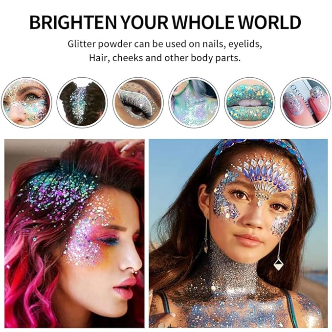 Glitter Eyeshadow Palette - Shimmer Purple Pink Blue Colorful Eyeshadow, Lip Face Eye Glitter Makeup - Lasting Waterproof High Pigmented Eye Shadow for Girl Women