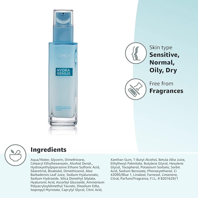 L’Oreal Paris Skincare Hydra Genius Daily Liquid Care Oil-Free Face Moisturizer for Normal to Dry Skin, Hyaluronic Acid Moisturizer for Face with Aloe Water and Hyaluronic Acid, 3.04 fl. oz.
