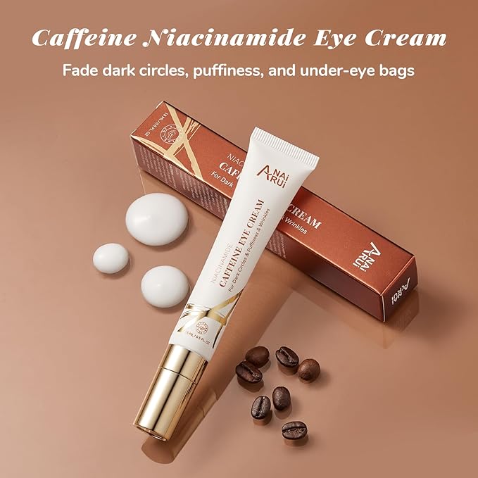 ANAI RUI Caffeine Eye Cream, Niacinamide Eye Cream for Dark Circles and Puffiness, Anti Aging & Friming Eye Cream with Eye Roller, Caffeine Under Eye Cream for Puffy Eyes, Bag Treatment 0.5 FL.OZ