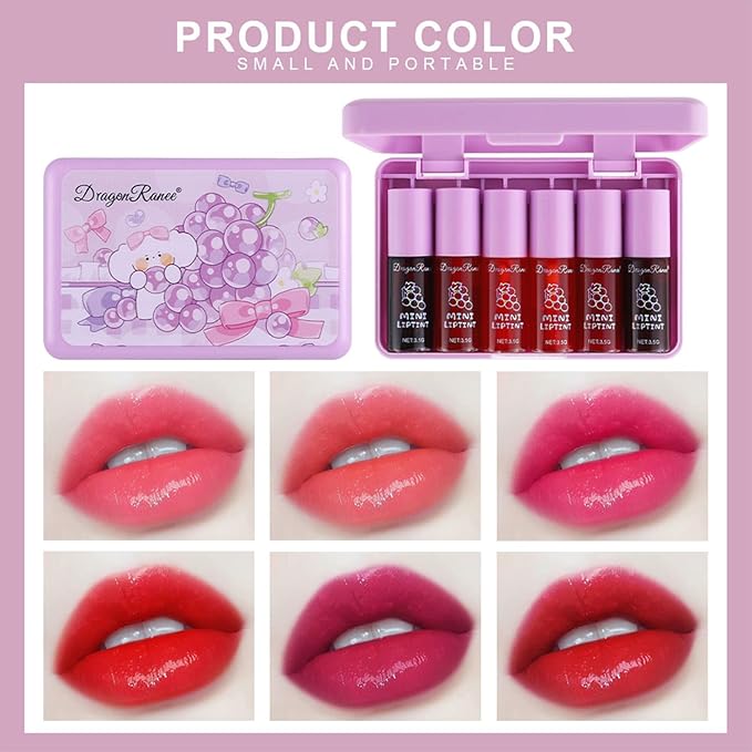 6 Colors Grapes Lip Tint Stain Set, Korean Velvet Lip Stain Watery Lip Stain Moisturizing Mini Liquid Lipstick Set, Long Wearing, Non-Stick Cup, Waterproof, High Pigment, Lip Tint Makeup