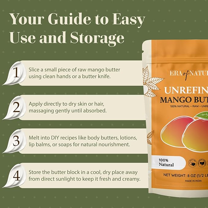 era of nature Organic Unrefined Raw Mango Body Butter Block 8oz - Moisturizing Mango Seed Raw Butter Bar for Skin & Hair, DIY Lip Balm Base, Cream, Soap & Lotion Making Supplies Kit, Personal Skincare
