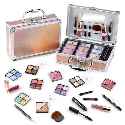 Color Nymph Beginner Makeup Kits For Teens With Train Case Included Full Makeup Kit Eyeshadow Palette Blushes Bronzer Highlighter Lipstick Brushes Mirror（Gold）
