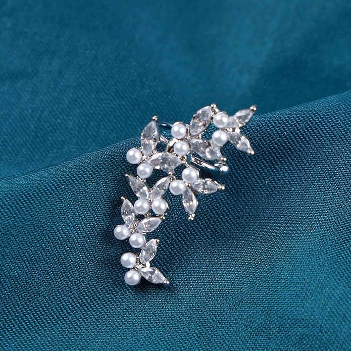 Vintage Crystal Pearl Ear Cuff Earrings Rhinestone Butterfly Cuff Wrap Earrings Cz Butterfly Ear Climber Cuff Earrings Silver Pearl Cz Non Piercing Earring Jewelry for Women(Left)