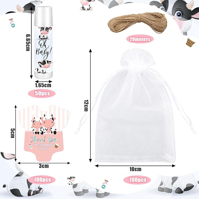 Demissle 50 Pcs Baby Shower Lip Balm Gift Set with 100 Pcs Organza Bags Baby Shower Party Favor for Guest Thank You Tag Rope Baby Shower Party Decoration Gender Reveal Souvenirs(Cow)
