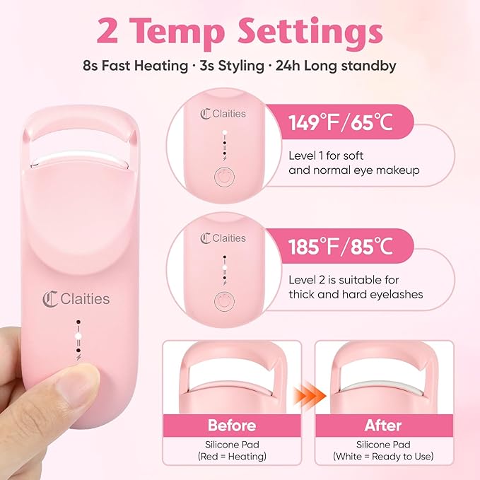Heated Eyelash Curler - 10s Heat, 3s Curl, Mini Burn-Proof Design with Heat Sensitive Silicone Pad, 24H Hold to Style Natural Eyelashes Dual-Temp Control & Type-C Recharge