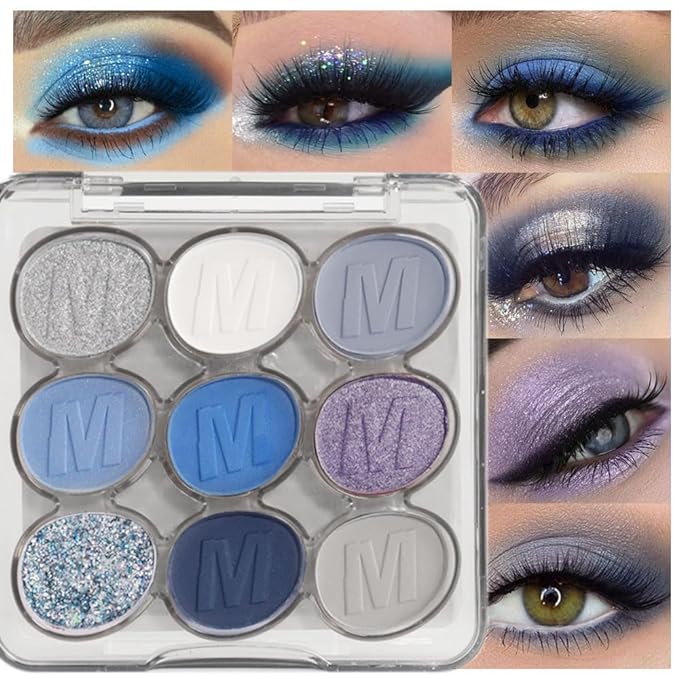 9 Colors Blue Silver Matte Shimmer Eyeshadow Palette for Eye Makeup,High Pigmented White Gray Eye Shadow Primers Powder Palet de sombras de ojos