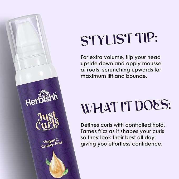 Herbishh Just Curls Weightless Hair Mousse (69g), Volumizing Mousse for Curly & Wavy Hair, Anti-Frizz Styling Foam Mousse, Flexible Hold, Hydrating & Non-Sticky, Travel-size Aerosol Product
