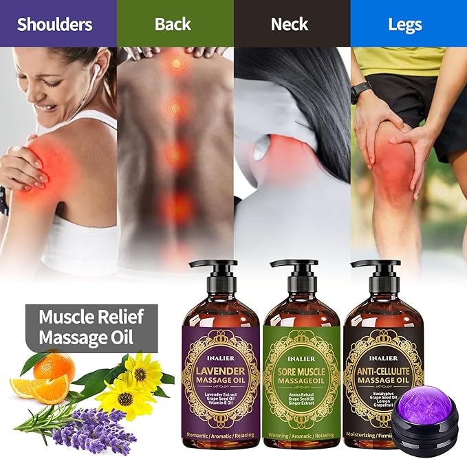 Body Massage Oil with Ball, 3 Pack Cellulite,Lymphatic Drainage-Ginger Oil Sore Muscle Arnica Oil & Lavender Oil