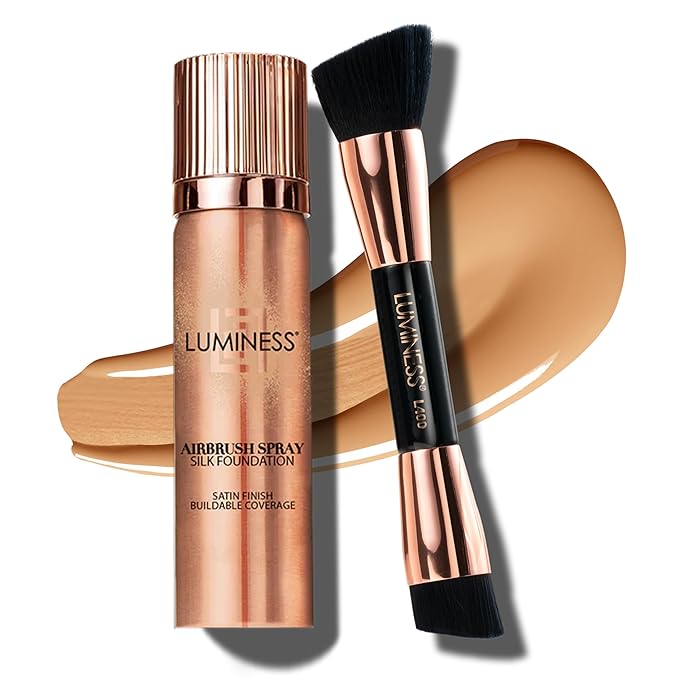 LUMINESS Silk Airbrush Spray Foundation & Buffing Brush Kit – Full Coverage Foundation & Dual-Sided Buffing Brush - Buildable Coverage, Anti-Aging Formula Hydrates & Moisturizes (Shade - Medium)