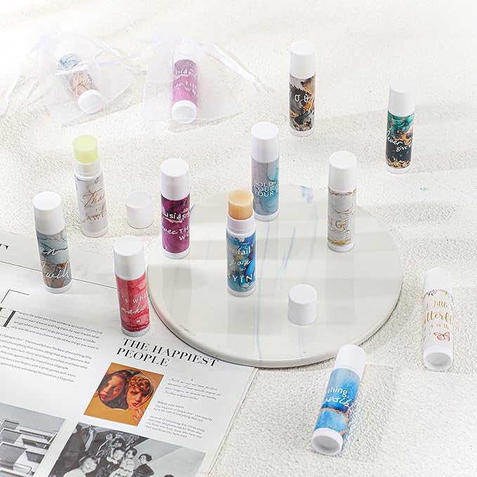 50 Sets Inspirational Lip Balm Gifts Moisturizing Lip Balm Bulk Thank You Lipstick for Guest 5 Flavors Marble Style Lip Balm with Organza Bags for Family Reunion Favor Women Stocking Gift Stuffers