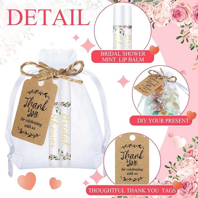 Demissle 50 Pcs Bridal Shower Lip Balm Gift Set with 100 Pcs Organza Bags Thank You Tags 20 Meters Rope wedding Party Favor for Guest Favors Gift Party Decoration Souvenirs(Floral)