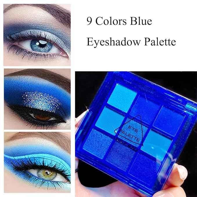 9-Color Glitter Matte Eyeshadow Palette, Silver Grey, Light Blue, Highly Pigmented Waterproof Corpse Bride Makeup for Blue Eyes