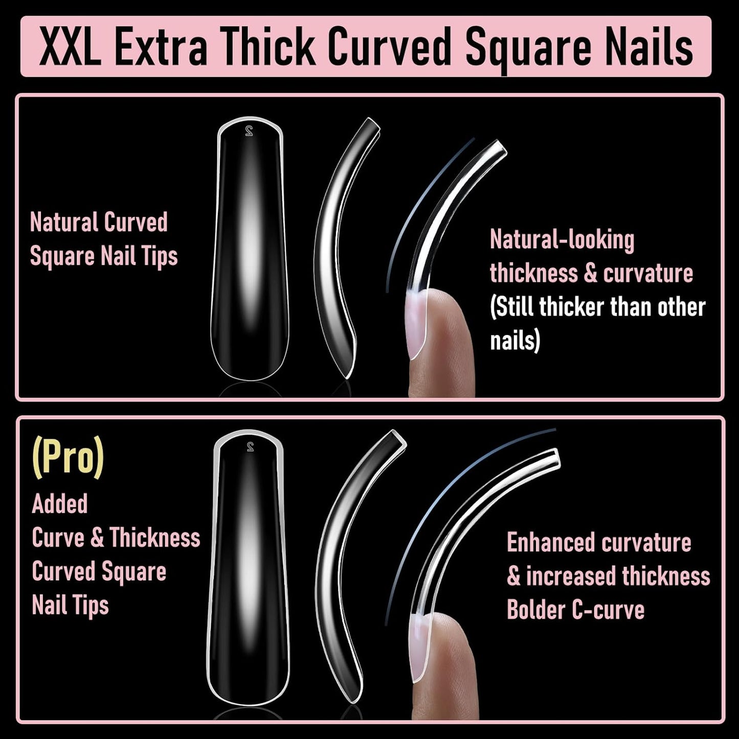 Curved Square Nail Tips Full Cover Nails XXL Clear Press on Extra Curve Long Acrylic False Nails for Nail Extension 240Pcs 12 Sizes Q53