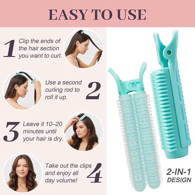 4PCS Volumizing Hair Clips for Root Lift & Volume - Instant Bangs Roller Clips for Effortless Curls & Lift - Velcro Rollers For Hair - Hair Rollers For Women - Cyan
