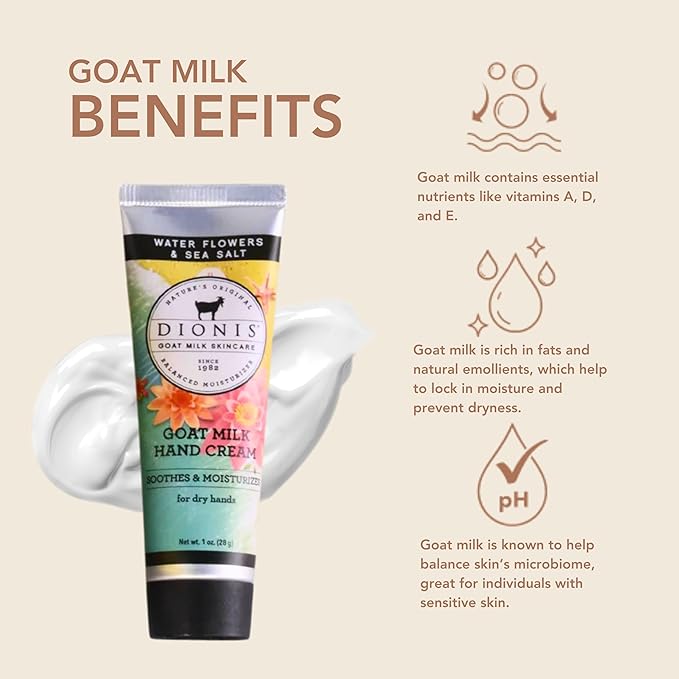 Dionis - Goat Milk Skincare Scented Hand Cream (1 oz) Set of 6, Moisturizing Lotion for Dry Skin, Good for Sensitive Skin, Cruelty-free and Paraben-free (Water Flowers & Sea Salt)