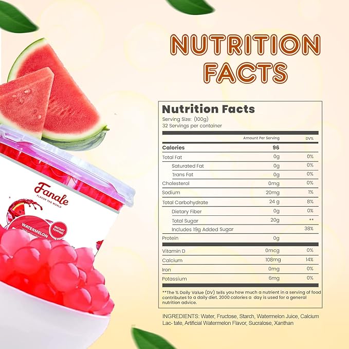 Fanale Watermelon Popping Boba Pearls, Vegan, Non GMO, Gluten Free, Fat Free, Perfect for Bubble Tea, Smoothies, Ice Cream, Desserts, and Beverages.