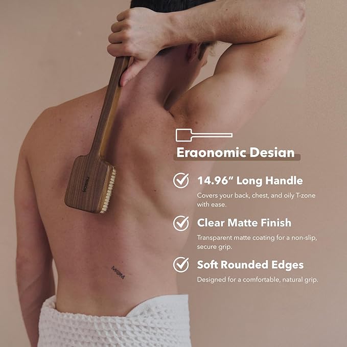 Luxury Natural Walnut Wood Boar Bristle Body Brush | Exfoliating & Detoxifying for All Skin Type | Sweeps Away Dead Skin Cells for Luminous, Smooth Skin | for Wet and Dry Use (Body Brush Set)