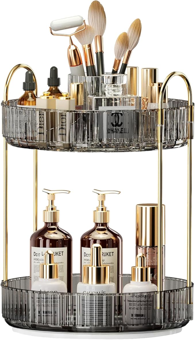 360° Rotating Makeup Organizer, Large-Capacity Skincare Make Up Storage 2 Tier Perfume Organizers Cosmetic Dresser Organizer with Makeup Brush Holder, Fits Bedroom, Bathroom, Vanity Shelf Countertop
