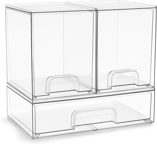 Sorbus Acrylic Storage Containers - 3 Pack, Stackable Storage Bins Set for Bathroom Organization - Clear Acrylic Drawer Organizers - Makeup Case Pull-Out Drawers (7.6’’ Tall and 12.1’’ Wide)