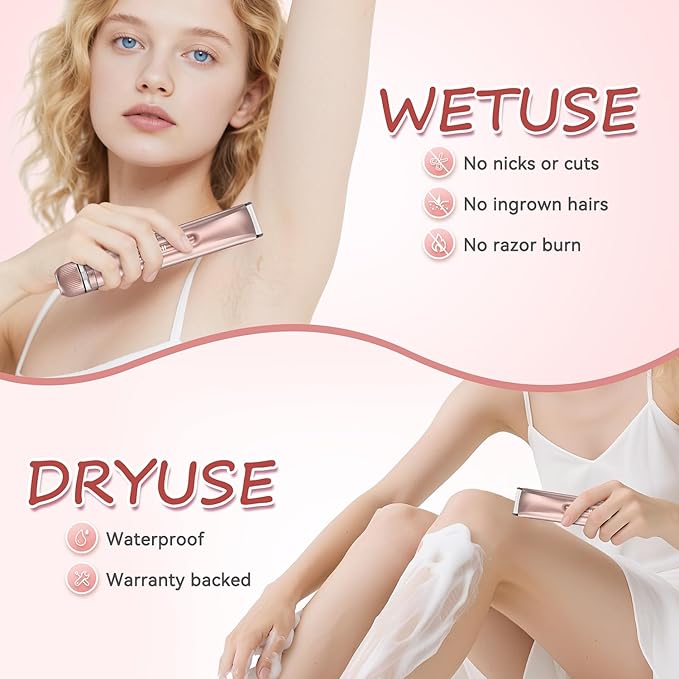 Bikini Trimmer for Women - 2 in 1 Electric Body Hair Trimmer for Silky Skin, Cordless Body Shaver for Travel, IPX7 Waterproof & Easy to Clean, Replaceable Ceramic Blade Heads, Rose Gold