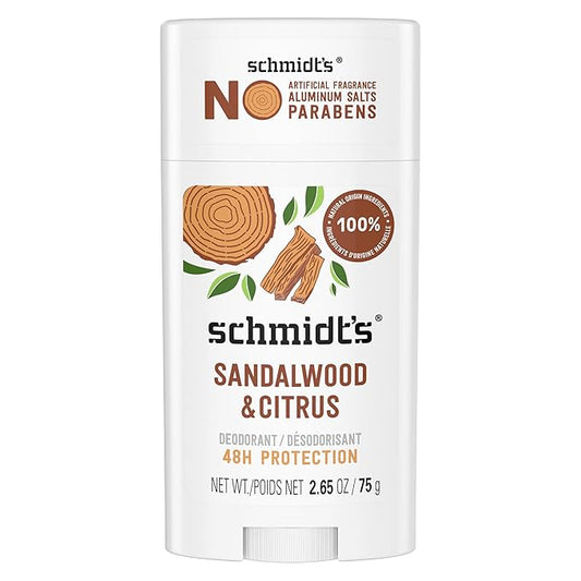 Schmidt's Aluminum-Free Vegan Deodorant Sandalwood & Citrus for Women and Men, with 24 Hour Odor Protection, Natural Ingredients, Cruelty-Free, 2.65 oz