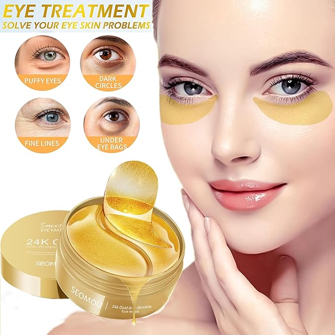 Under Eye Patches, Eye Mask, Eye Patches for Puffy Eyes and Dark Circles Reduce Eye Bags Fine Lines Smooth Wrinkle, Anti-Aging,Hydrating, 24K Gold Eye Skin care Pads with Collagen (60PCS)