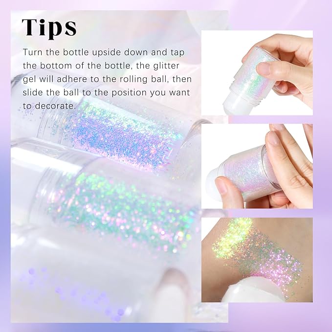 2 Colors Roll-on Body Glitter Gel, Holographic Glitter Gel Under Light for Face Hair, Body Shimmer for Rave Accessories Christmas New Year Halloween Makeup (11+13)