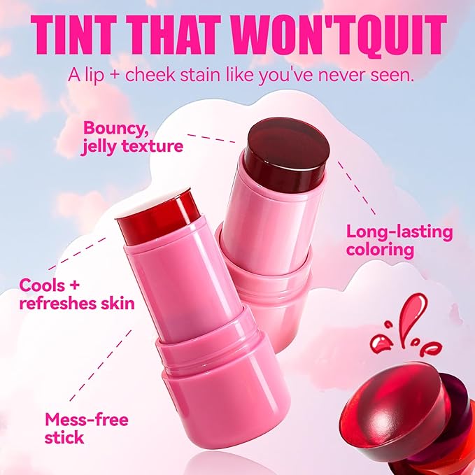 2 Pcs Milk Jelly Blush, Milk Cooling Water Jelly Tint, Vivid Color Water Jelly Tint Milk Blush, Sheer Eye Lip & Cheek Stick Stain, Long Wearing, Watercolor Finish Lip Gloss for Women, 01&02