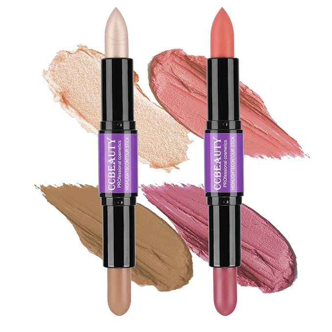 CCbeauty 2pcs 2-IN-1 Shimmer Contour Highlighter Stick with