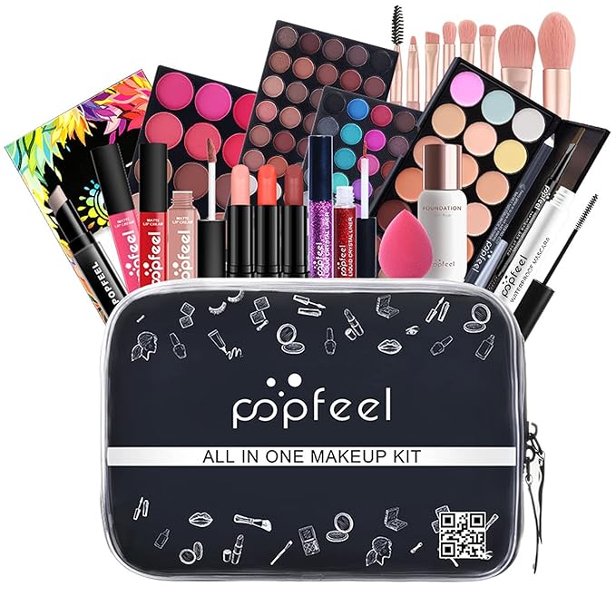 Professional All in One Makeup Kits for Women, Cosmetic Essential Starter Bundle, Eye Shadow, Blush, Liquid Lipgloss, Foundation Brush, Makeup Set with Makeup Bag, Christmas Valentines Gift Box
