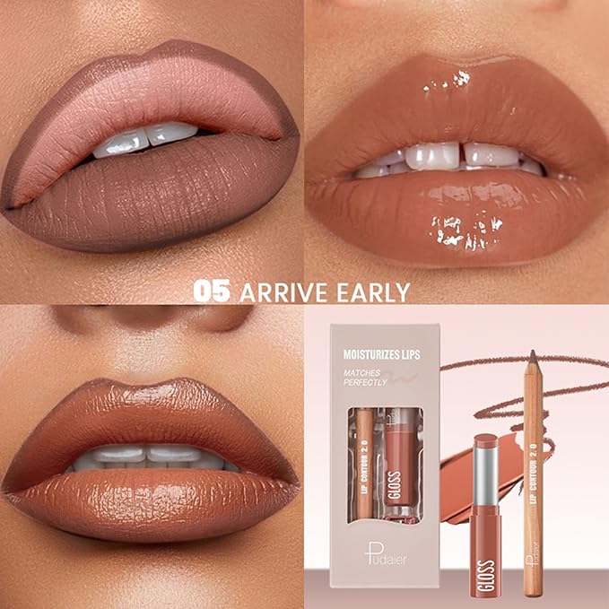 2Pcs Lipstick and Lip Liner Combo, Lip Liner and Lip Gloss Kit for Women, Matte Lip Pencil and Smooth Hydrating Lipstick with Sharpener, Non-Stick Lip Makeup Set