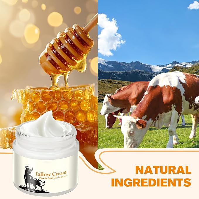 Tallow for Skin, Moisturizer Cream, Nourishing and Hydrating Skin, Organic Tallow & Honey Balm for Skin,Natural Grass-Fed Tallow Cream with Raw Honey for All Skin Care (1 PCS,60g)