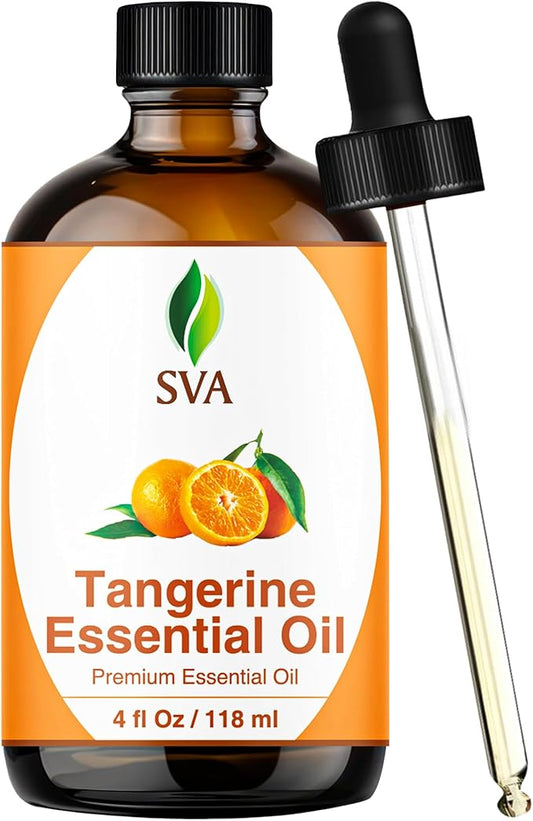 SVA Tangerine Essential Oil – 4 Fl Oz – 100% Natural Tangerine Oil - for Diffuser, Hair Care, Face, Skin Care, Aromatherapy, Scalp and Body Massage, Soap and Candle Making – with Dropper