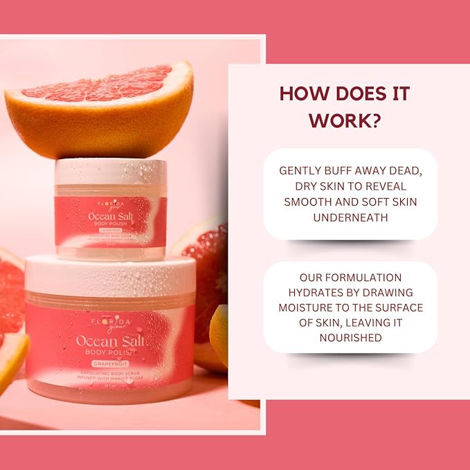 Sea Salt Body Scrub by Florida Suncare - Ocean Salt Body Polish Infused with Marine Algae - Exfoliating Face and Body Scrub - Facial Scrub Exfoliator to Tackle Acne (Grapefruit, 3.3 oz)
