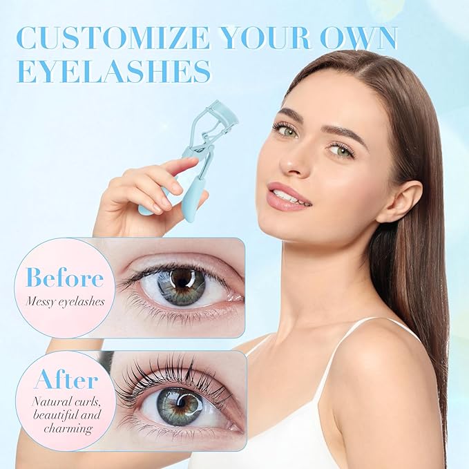Eyelash Curler with Pads, Lash Curler with 10 Extra Silicone Replacement Pads, Comfortable Grip for Effortless Curling – Eyelashes for The Perfect Eye Contour (Crystal Blue)