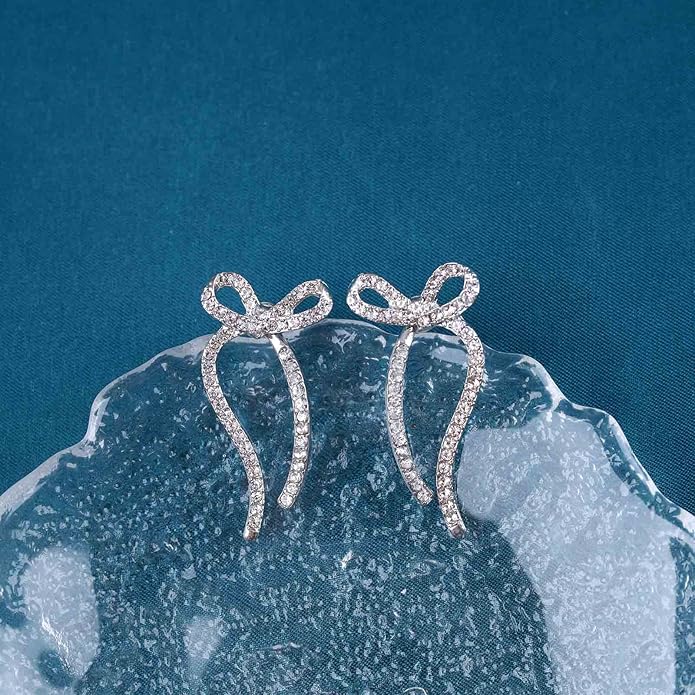 Vintage Crystal Bow Earrings Rhinestone Bow Drop Earrings Long Cz Rhinestone Earrings Gold Bow Cz Stud Earrings Jewelry for Women