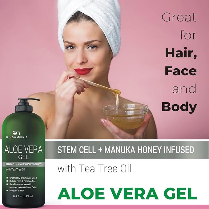 Aloe vera Gel - from 100% Pure Organic Aloe Infused with Manuka Honey, Stem Cell, Tea Tree Oil - Natural Raw Moisturizer for Face, Body, Hair. Perfect for Sunburn, Acne, Razor Bumps 16.9 fl oz