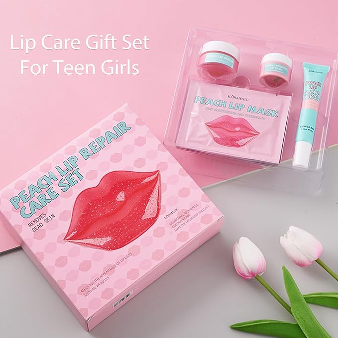 4 In 1 Peach Lip Care Kit With Lip Exfoliator Scrub And Moisturizer, Peach Scrub Bubble, Hydrating Lip Mask, Lip Scrubs Gentle Exfoliating, Instant Moisturizing, Lip Balm Hydrating For Very Dry Lips
