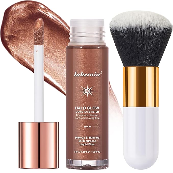 Natural Glow Liquid Filter Makeup, Longwear Face Luminizer, Complexion Booster For Any Part of the Body, Liquid Highlighter with Brush Kit, Infused Hyaluronic Acid, 1.06 fl oz (#07 DEEP/RICH)
