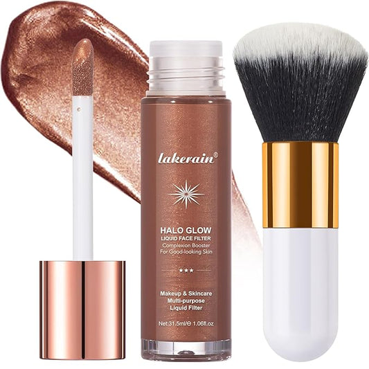 Natural Glow Liquid Filter Makeup, Longwear Face Luminizer, Complexion Booster For Any Part of the Body, Liquid Highlighter with Brush Kit, Infused Hyaluronic Acid, 1.06 fl oz (#07 DEEP/RICH)