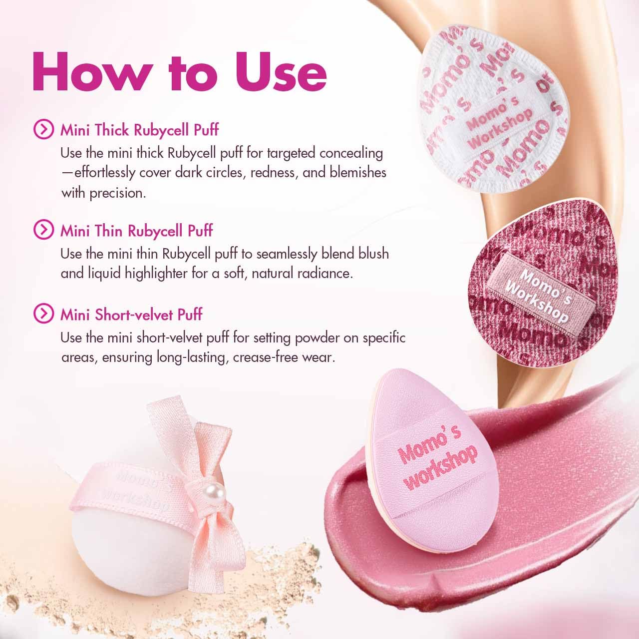 Mini Denim Makeup Sponge Set,Mini Makeup Blenders Sponge for Concealer/Blush/Highlighter, Perfect for Detail Work & Travel,4pcs Pink Mini Concealer Puffs with Travel Pouch