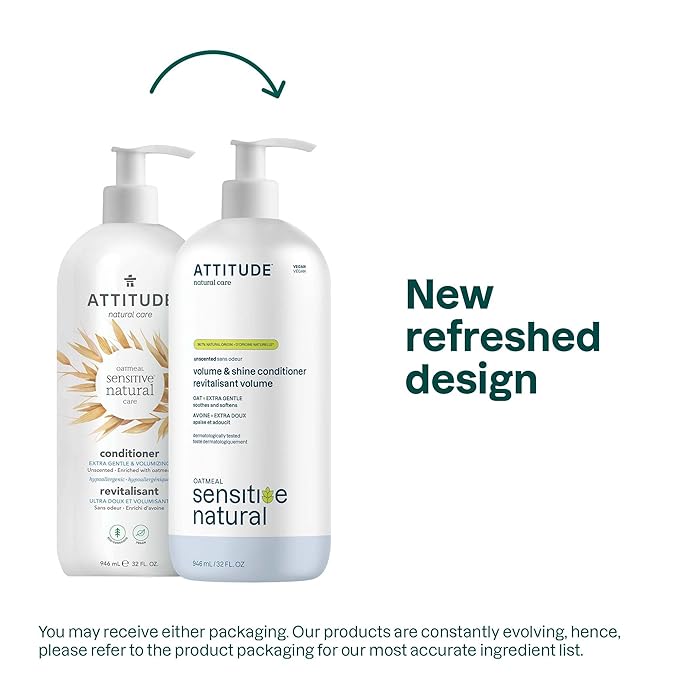 ATTITUDE Hair Conditioner for Sensitive Dry Scalp, Soothing Oat, Naturally Derived Ingredients, Dermatologically Tested, Vegan Detangler, Extra Gentle, Unscented, 32 Fl Oz