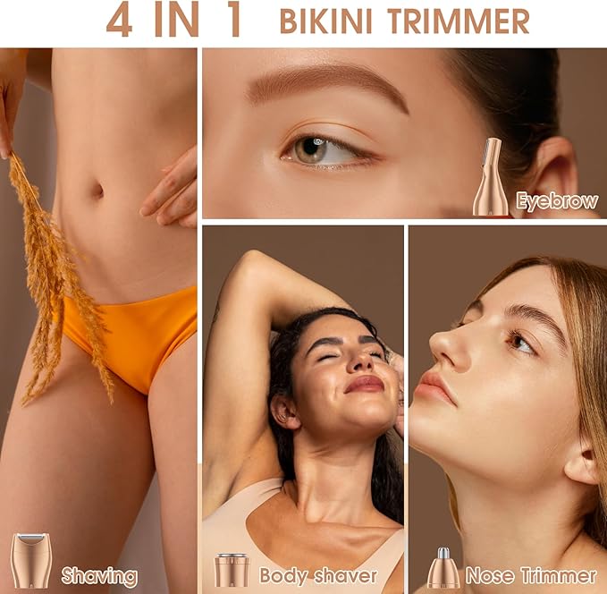 Bikini Trimmer & Hair Clippers for Women - Waterproof Electric Razor and 4 in 1 Bikini Shaver Set, Deluxe Hair Trimmer, Wet/Dry Body Shaver for Nose Eyebrows Beard Pubic Hair, White