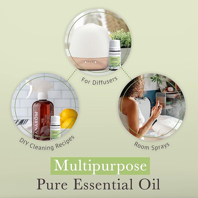 Pranarom USDA Certified Organic Lemon Essential Oil (5ml), 100% Pure Undiluted Therapeutic Grade from Argentina for Aromatherapy, Diffuser, DIY, Cleaning, Fresh Lemon Scent